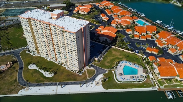 aerial view featuring a water view