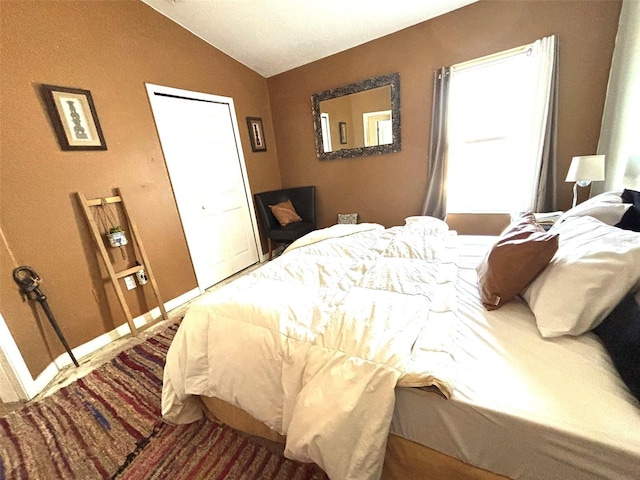 bedroom with lofted ceiling and a closet