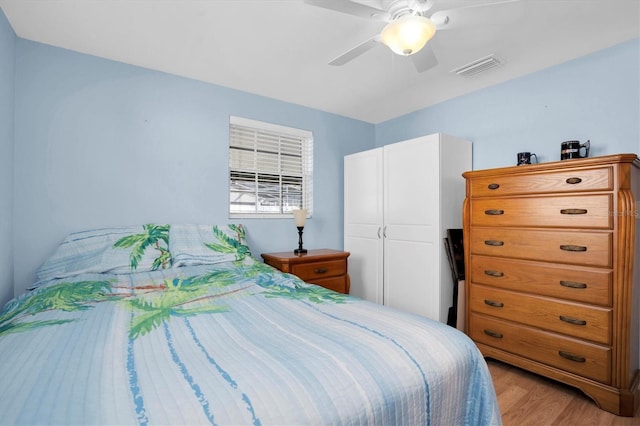 bedroom featuring ceiling fan and light hardwood / wood-style flooring