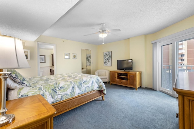 carpeted bedroom with access to exterior, ceiling fan, connected bathroom, and a textured ceiling