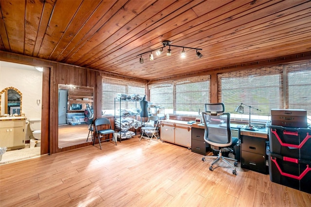 office space featuring rail lighting, a wealth of natural light, wooden ceiling, and wood walls