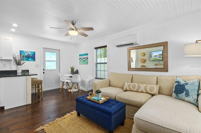 living room with ceiling fan, dark hardwood / wood-style floors, and an AC wall unit