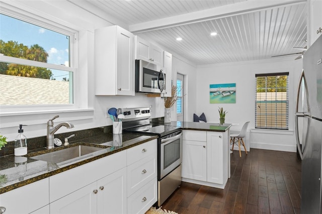 kitchen with white cabinetry, sink, dark stone countertops, kitchen peninsula, and stainless steel appliances