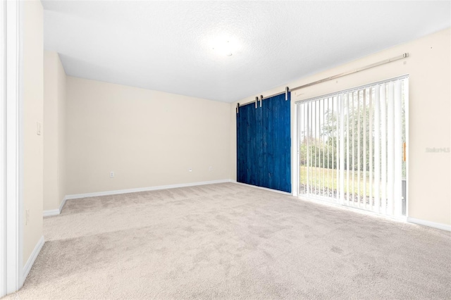 carpeted empty room featuring a barn door