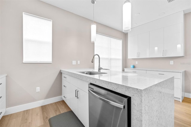 kitchen featuring decorative light fixtures, white cabinetry, dishwasher, sink, and kitchen peninsula