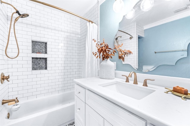 bathroom with crown molding, vanity, and shower / bathtub combination with curtain