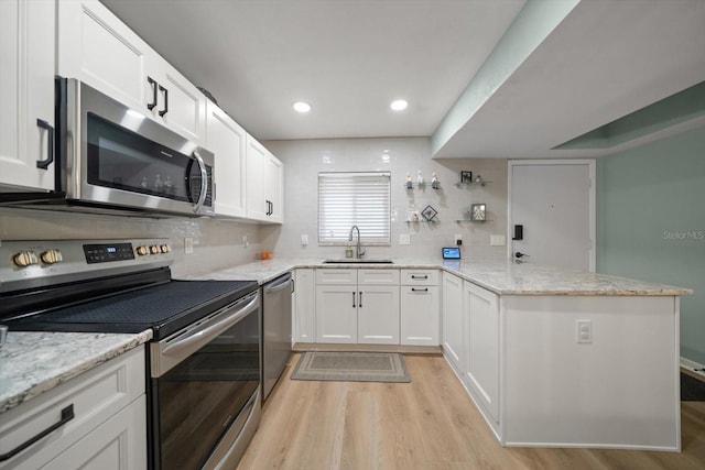 kitchen featuring sink, white cabinetry, light wood-type flooring, appliances with stainless steel finishes, and kitchen peninsula