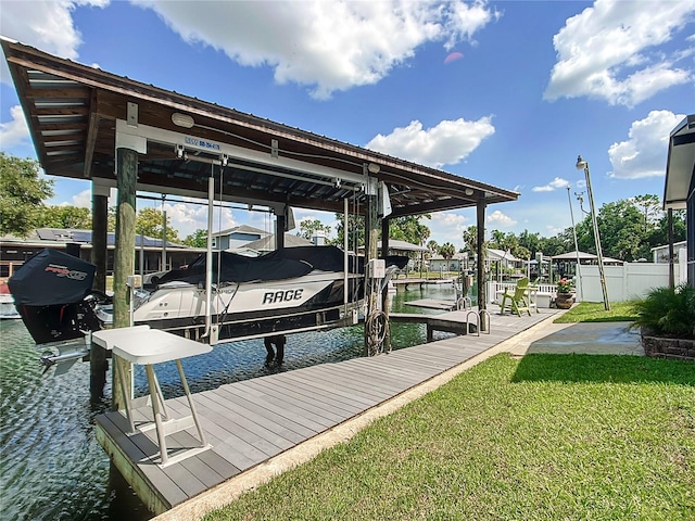 view of dock featuring a water view and a lawn