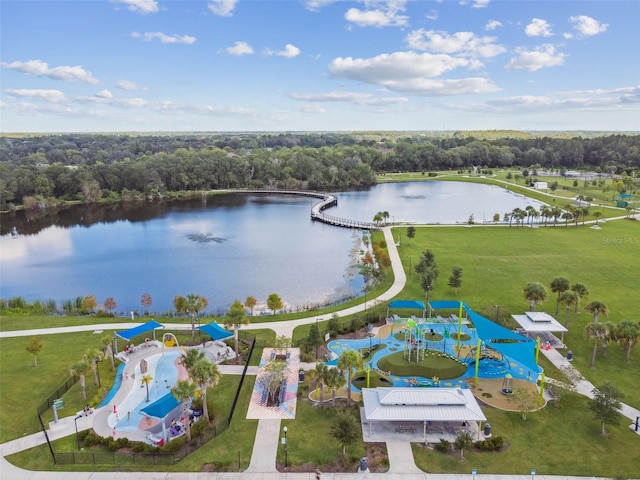 bird's eye view with a water view