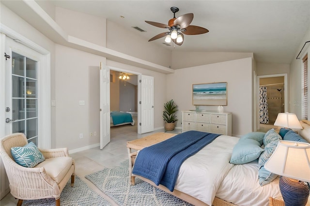 5366 Hader Rd, North Port, FL 34288 - bedroom featuring visible vents, light tile patterned flooring, baseboards, ceiling fan, and vaulted ceiling