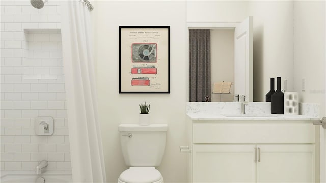 full bathroom featuring vanity, shower / bathtub combination with curtain, and toilet