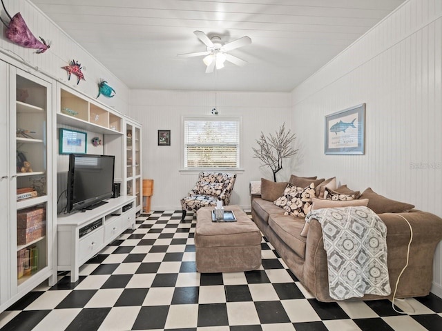 living room with ceiling fan