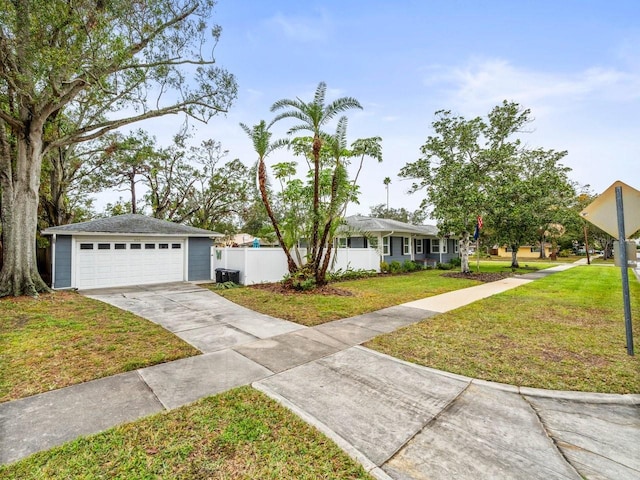 ranch-style home with a garage and a front lawn