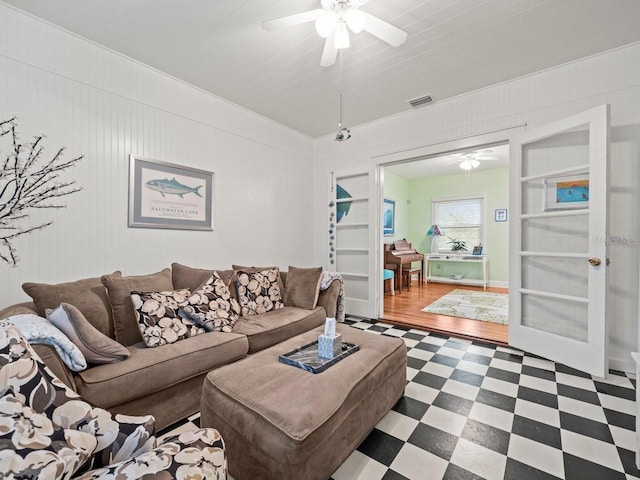 living room with ceiling fan