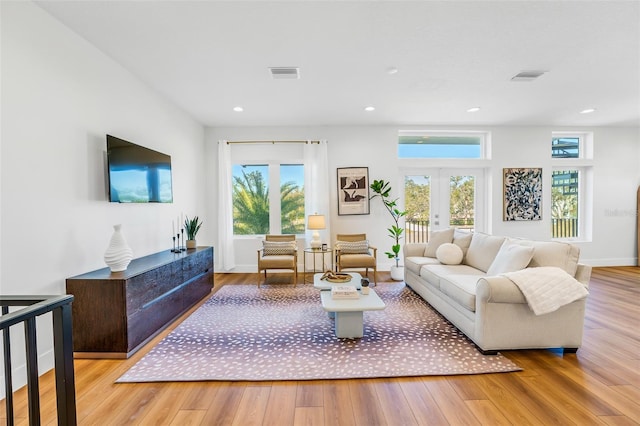 living room featuring hardwood / wood-style flooring, a wealth of natural light, and french doors