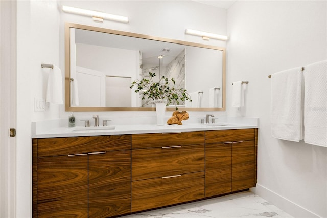 460 87th Ave N, Saint Petersburg, FL 33702 - full bath with a marble finish shower, marble finish floor, a sink, and double vanity
