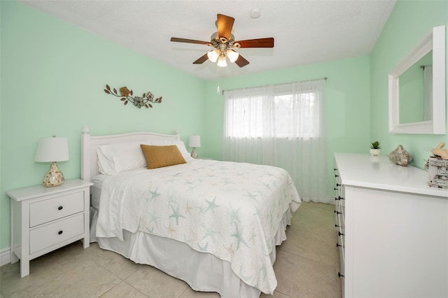 bedroom with ceiling fan and a textured ceiling