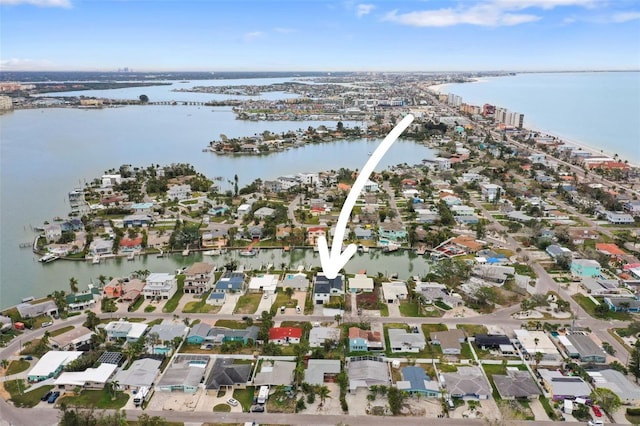drone / aerial view with a water view