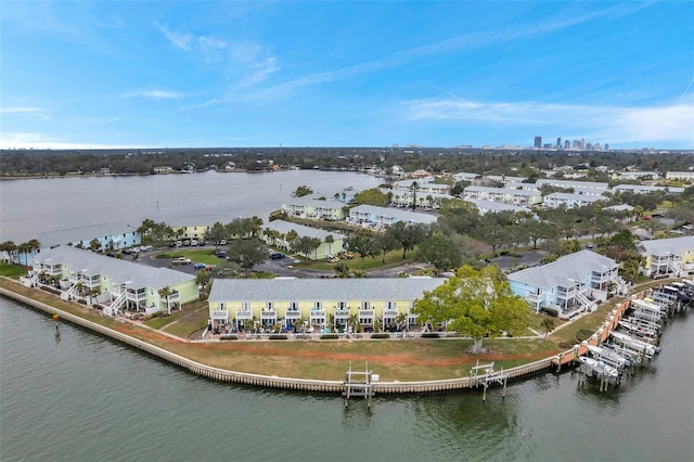 drone / aerial view with a water view