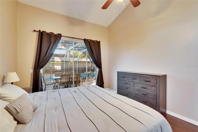 bedroom featuring vaulted ceiling, access to outside, ceiling fan, and dark hardwood / wood-style flooring