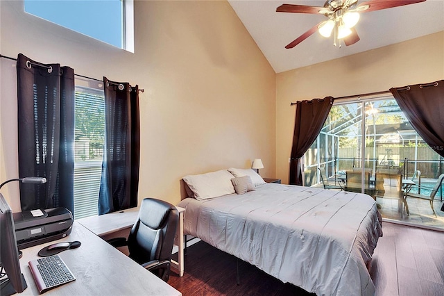 bedroom featuring dark hardwood / wood-style flooring, high vaulted ceiling, access to outside, and ceiling fan