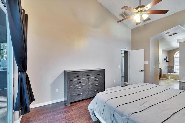 bedroom with ceiling fan, dark hardwood / wood-style floors, and high vaulted ceiling