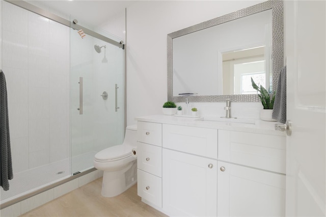 bathroom featuring a shower with door, vanity, and toilet