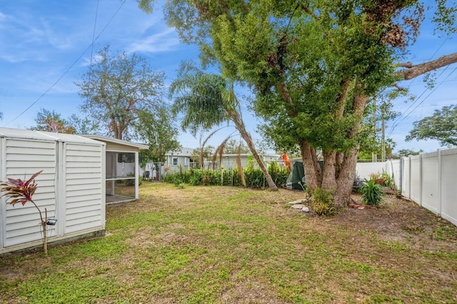 view of yard with a storage shed