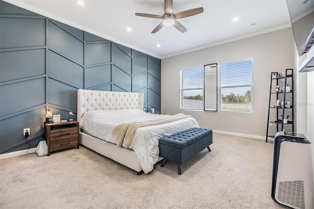 bedroom with light carpet, crown molding, and ceiling fan