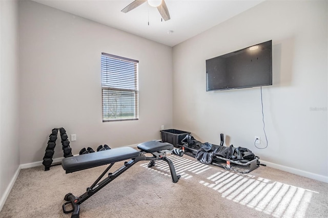 exercise room featuring carpet floors and ceiling fan