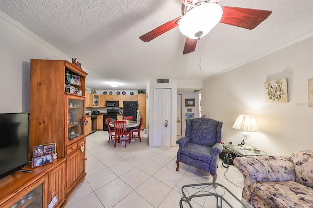 tiled living room featuring crown molding, ceiling fan, and a textured ceiling