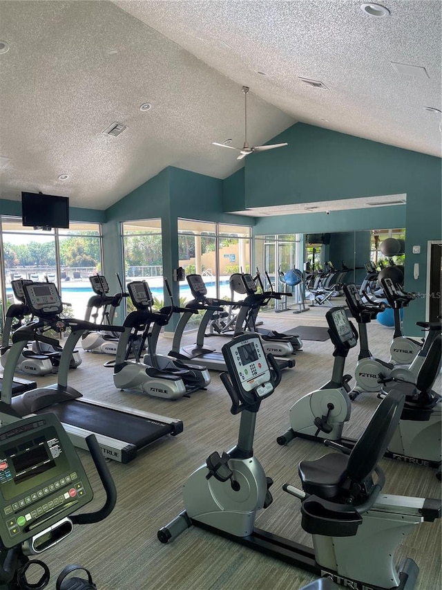 workout area featuring vaulted ceiling and a textured ceiling