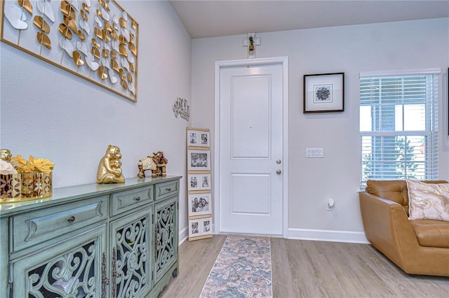 foyer entrance with light hardwood / wood-style flooring