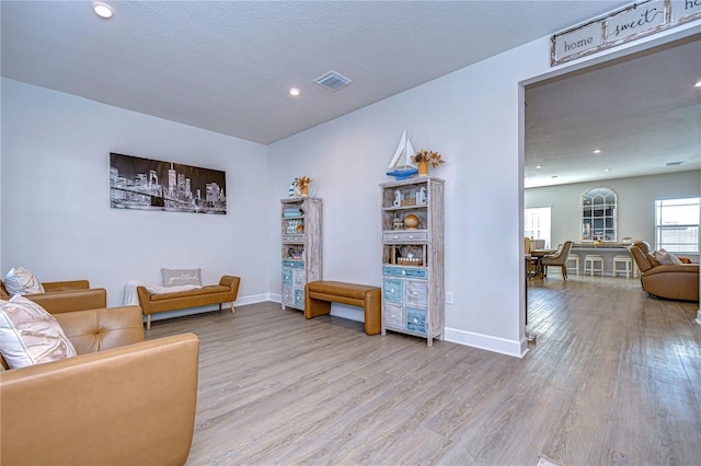 living room featuring hardwood / wood-style flooring and a textured ceiling