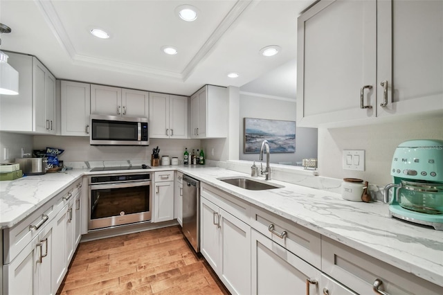 kitchen featuring sink, crown molding, stainless steel appliances, a tray ceiling, and light stone countertops