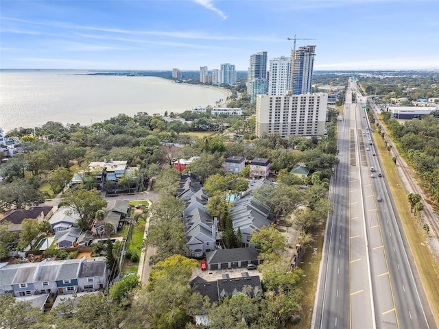 drone / aerial view with a water view