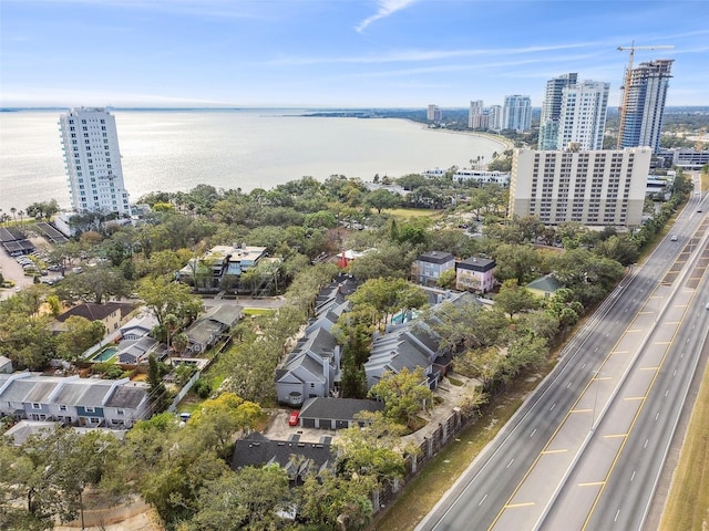 drone / aerial view featuring a water view