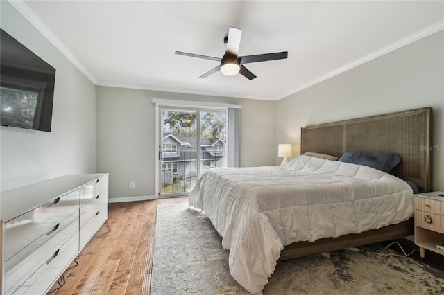 bedroom featuring light wood-type flooring, ornamental molding, access to exterior, and ceiling fan