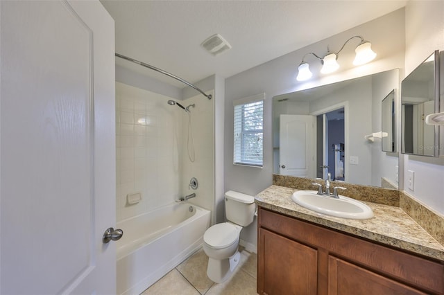 full bathroom featuring tile patterned flooring, tiled shower / bath, vanity, and toilet