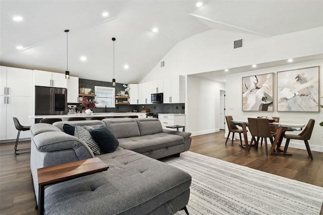 living room featuring lofted ceiling, dark wood-type flooring, and sink