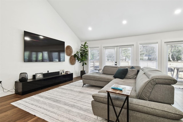 living room featuring hardwood / wood-style flooring, vaulted ceiling, and a wealth of natural light