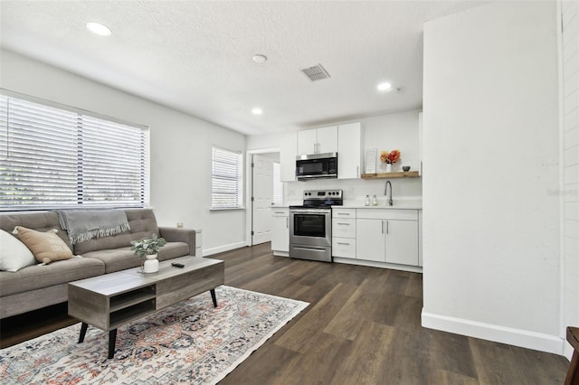 living room with dark hardwood / wood-style flooring, sink, and a textured ceiling