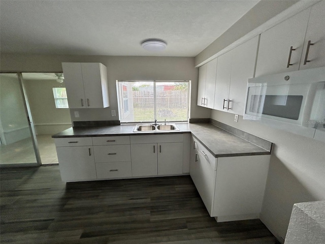 kitchen with white cabinetry, sink, and dark hardwood / wood-style flooring