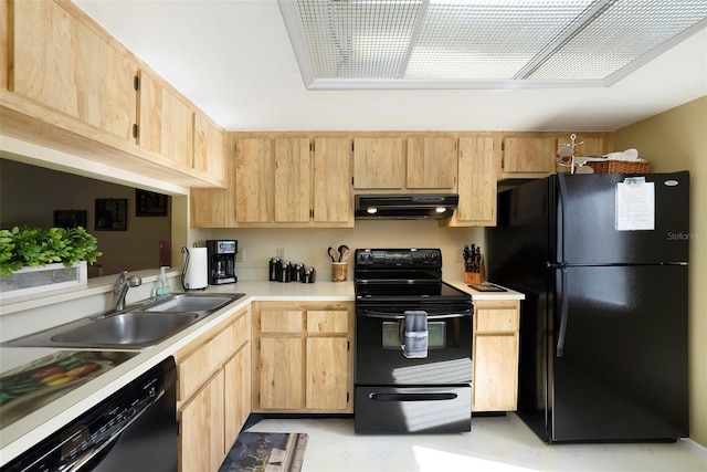 kitchen featuring sink, light brown cabinetry, and black appliances