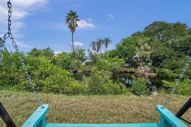 view of yard with a water view