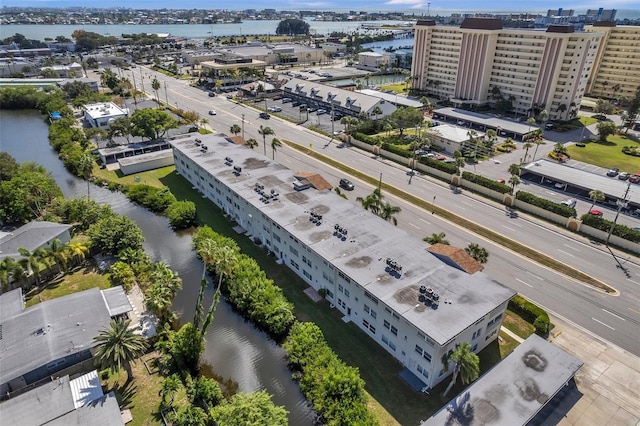 bird's eye view with a water view