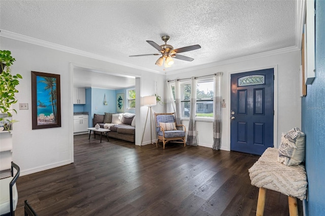 foyer with crown molding, ceiling fan, dark hardwood / wood-style floors, and a textured ceiling