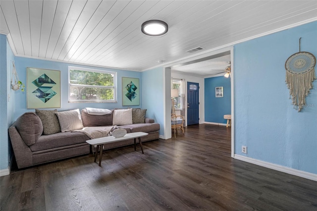 living room with wood ceiling, crown molding, and dark hardwood / wood-style floors