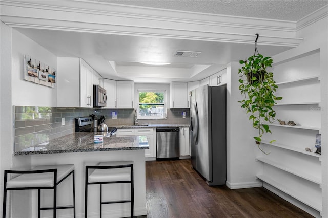 kitchen featuring a tray ceiling, white cabinetry, dark hardwood / wood-style flooring, kitchen peninsula, and stainless steel appliances