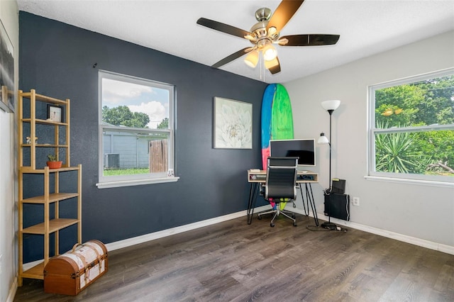 home office featuring ceiling fan and wood-type flooring